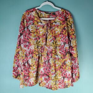 Eddie Bauer Womens Multicolor Floral Print Tie Neck Long Sleeve Top Size XL